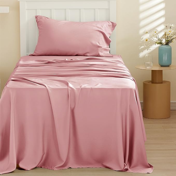 Bedsure Cooling Sheets Twin, Rayon Derived from Bamboo, Breathable & Soft Twin Sheets Set, Deep Pocket Up to 16 Inches, Hotel Luxury Silky Bedding for Hot Sleepers, Blush Pink