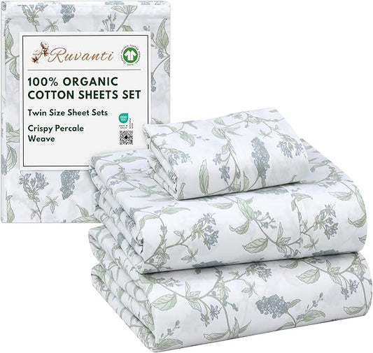 RUVANTI 100% Organic Cotton Sheets Twin Size, Percale Weave, GOTS Certified, 3-Piece Set, Deep Pocket 15", Crisp & Breathable, Soft Durable Bedding, Sábanas Algodón Orgánico – Vine Yard