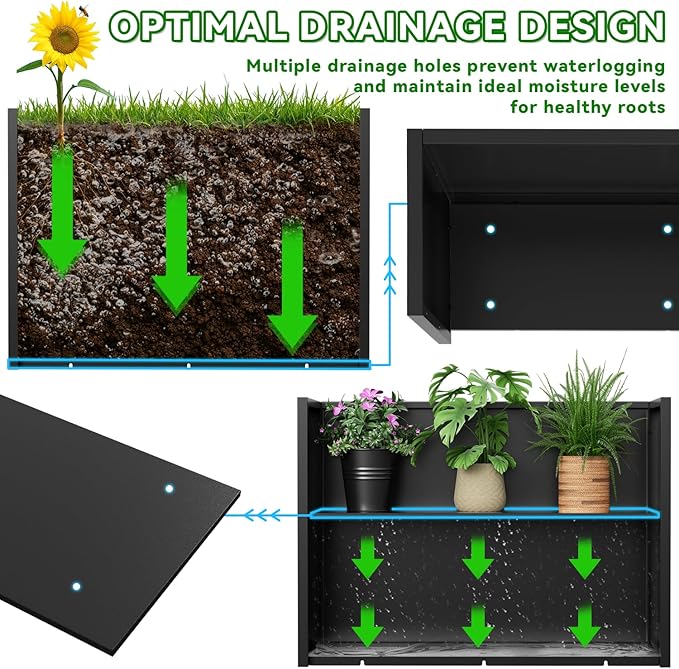 Tall Metal Planter Box, 38" L x 10" W x 30" H Large Outdoor Planters with Drainage & Adjustable Shelf, Heavy Duty Steel Rectangular Planter for Patio, Balcony, Indoor(Black)