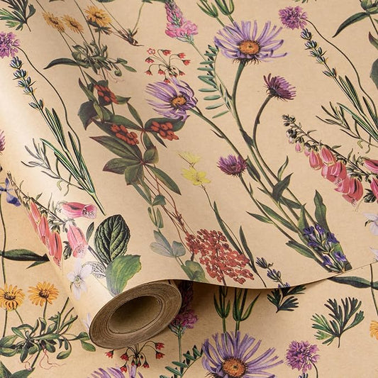 RUSPEPA Wildflower Floral Wrapping Paper Roll for Women, 17 Inches x 16. 4 Feet, Mini Roll, Herbal Kraft Wrapping Paper for Christian Gifts, Birthdays, Weddings, Bridal Shower and Engagement