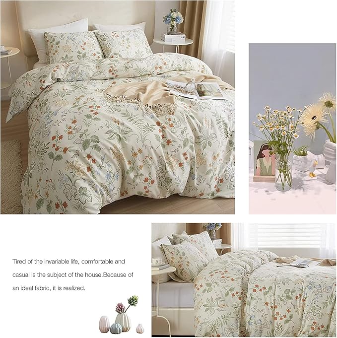 HighBuy Garden Floral Duvet Cover Full Size Soft Bedding Comforter Cover with Zipper Ties,Paisley Jacquard Green Floral Hotel Quality,1Full Duvet Covers and 2 Pillowcases,Full Bed Set