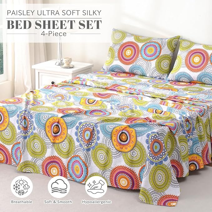 Bedlifes Full Sheet Set Ultra Soft, Breathable, Silky Flower Deep Pocket 100% Microfiber Bedding, 4 Piece Full Size Mandala Patterned