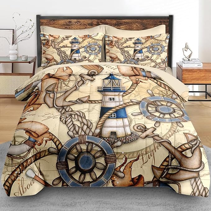 Comforter Set King Size, Retro Nautical Lighthouse Map 7 Pcs Bedding for Kids and Adults, Vintage Anchor Beige Bed Sheet Sets with Fitted Sheet 2 Pillowcase & 2 Sham for Bedroom Bed Decor