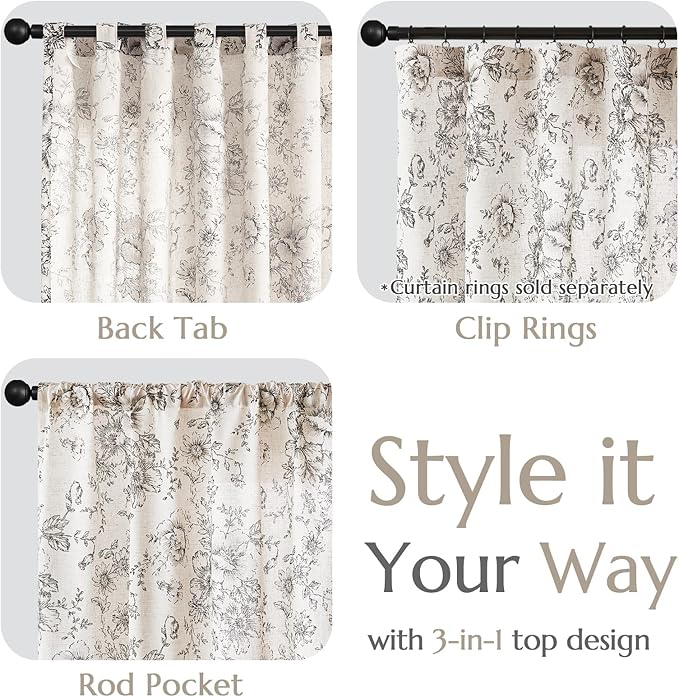 jinchan Linen Blend Curtain Floral Curtains for Living Room 96 Inch Length Black Printed Curtain Back Tab Farmhouse Peony Flower Patterned Drapes Bedroom Window Curtains Set 2 Panels