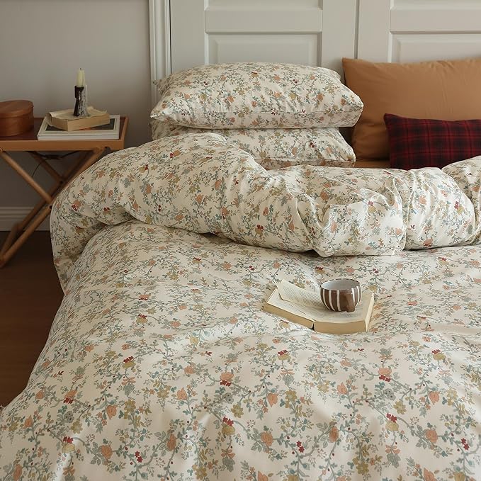 LifeTB Vintage Flower Duvet Cover Set Twin 100% Cotton Botanical Floral Duvet Cover Chic Branches Floral Bedding Set Flower Blossom Comfoter Cover with Zipper Ties Cottagecore Bedding Set