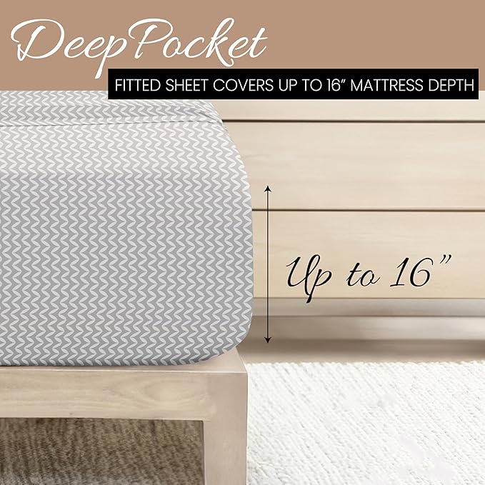 Linen Market Double-Brushed Patterned Microfiber King Sheet Set 4 Piece – Oeko-TEX Certified Ultra Soft & Wrinkle-Free - 16" Deep Pocket Sheets - Easy Care King Size - Puffed Chevron Light Gray
