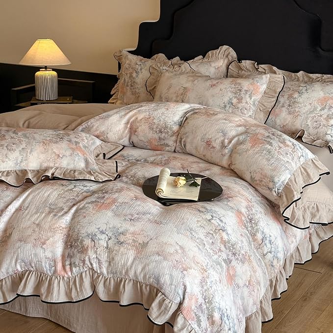 HighBuy Ruffle Linen Duvet Cover Set Twin Beige 100% French Yarn-Dyed Cotton Linen Bedding 3pcs Set,Chic Cottagecore Soft Breathable for Hot Sleepers 1 Duvet Cover and 2 Pillowcases