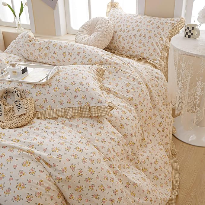 EAVD Girls Floral Duvet Cover Twin White Soft 100% Cotton Chic Garden Yellow Pink Floral Bedding Set with 2 Pillowcases Vintage Style Ruffle Floral Comforter Cover with Zipper