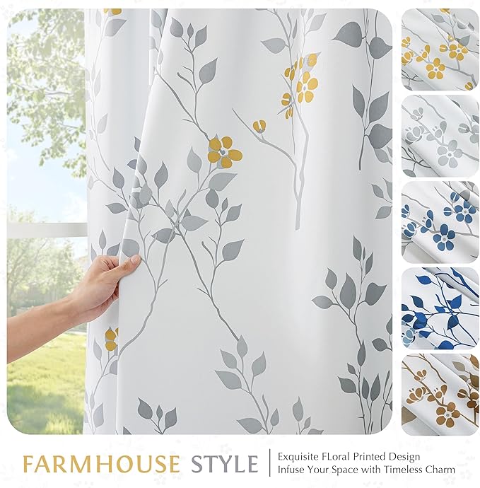 Beauoop Floral 100% Blackout Curtains 84 Inch Length 1 Panel for Patio Sliding Door Extra Wide Yellow Grey Flower Patterned Divider Room Darkening Thermal Soundproof Grommet Window Drapes, 100x84x1