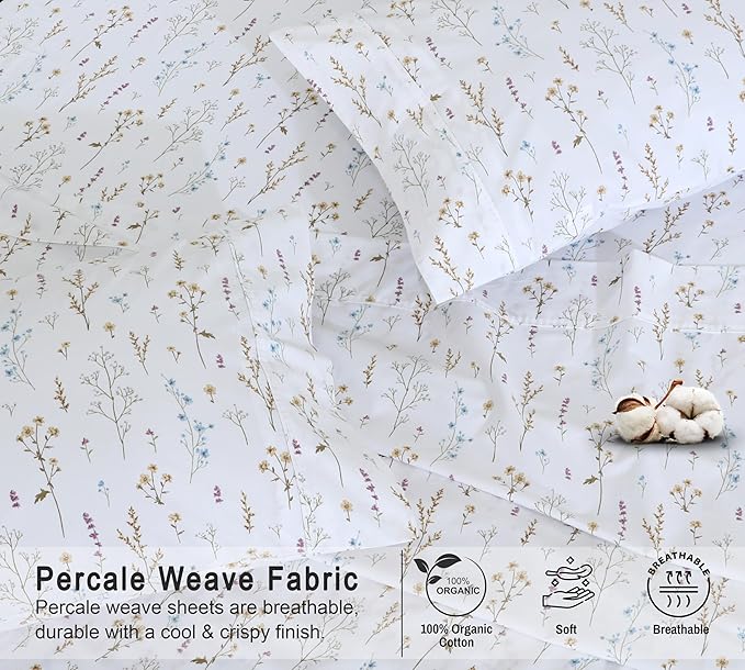 RUVANTI 100% Organic Cotton Sheets King Size, Percale Weave, GOTS Certified, 4-Piece Set, Deep Pocket 15", Crisp & Breathable, Soft Durable Bedding, Sábanas Algodón Orgánico – Field Flower