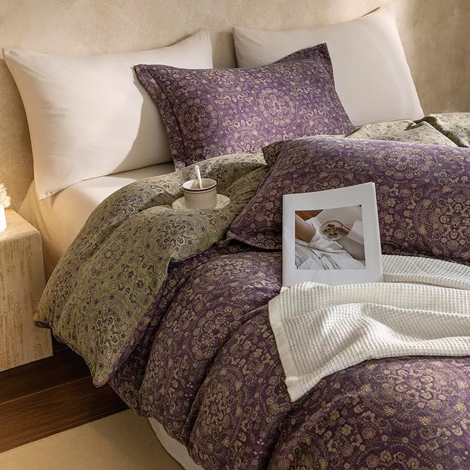 EAVD Soft 100% Cotton Muslin Yarn-Dyed Jacquard Textured Duvet Cover Twin Chic Shabby Purple Floral Duvet Cover with Zipper Closure Linen Like Gauze Floral Bedding Set with 2 Pillowcases