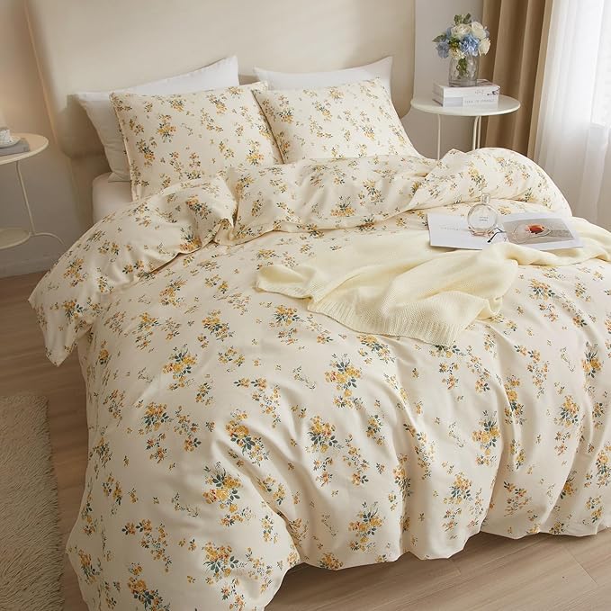 Vintage Yellow Floral Comforter Set King Garden Style Aesthetic Flower Comforter for King Bed Fluffy Lightweight Chic Botanical Floral Bedding Cottagecore Comforter Farmhouse Boho Comforter Set