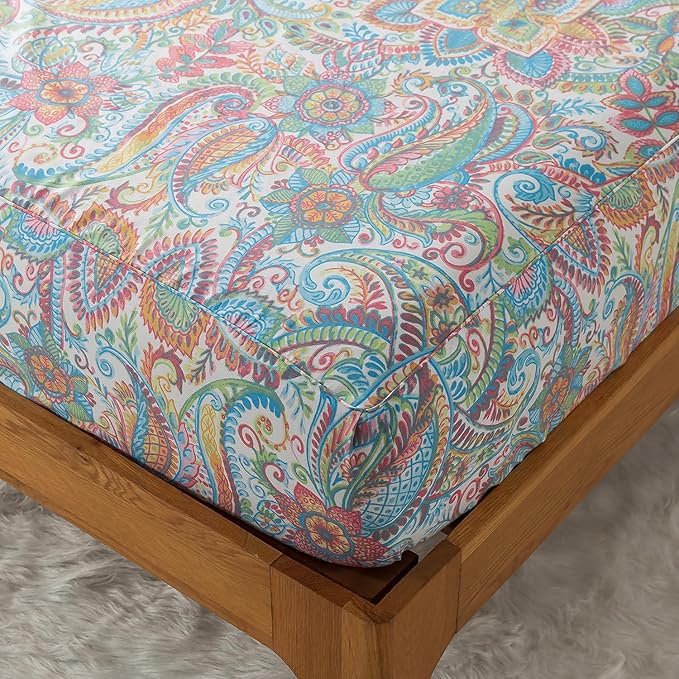 Zusbest Cotton Sheets Full 100% Cotton Pink Green Paisley Floral Bed Sheet Sets Watercolor Bedding Luxury Soft Breathable Crispy Cooling Percale Sheets 17.5'' Girls Deep Pocket Full Bed Set, 4 Pcs