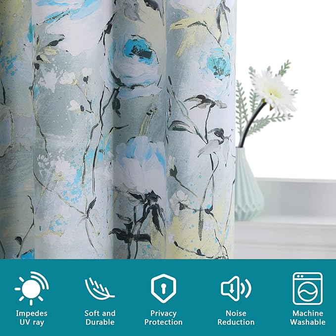 MYSKY HOME Bule Floral Curtains 63 inch Length 2 Panels Printed Curtains for Bedroom Living Room Darkening Thermal Insulated Curtains Vintage Flower Grommet Curtains Teal and Blue