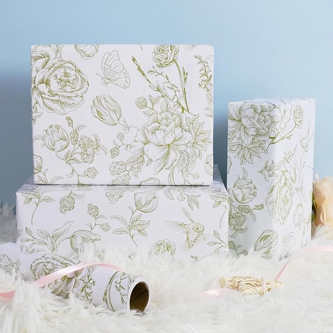 RayofSun Green Floral Wrapping Paper Roll 17 in x 32 ft Mini Roll Vintage Toile Flower Gift Wrap Paper for All Occasion Wedding Birthday Bridal Shower Party Baby Shower Christmas