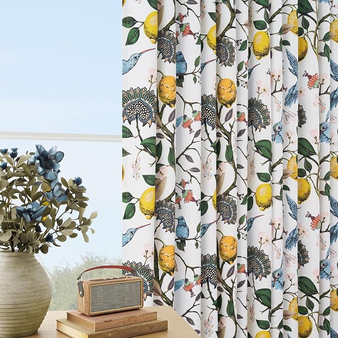 Blue White Vintage Floral Curtains 84 Inches Long for Living Room Bedroom Luxury Whimsical Lemon Hummingbird Patterned Waverly Mid Century Colorful Pinch Pleated Blackout Drapes 2 Panels