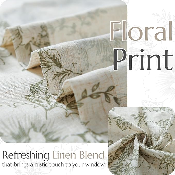 jinachan Pinch Pleated Curtains Floral Linen Blend Curtains for Living Room 63 Inch Length Christmas Green Peony Flower Printed Curtain Rod Pocket Back Tab Farmhouse Drapes with Hooks Set 2 Panels