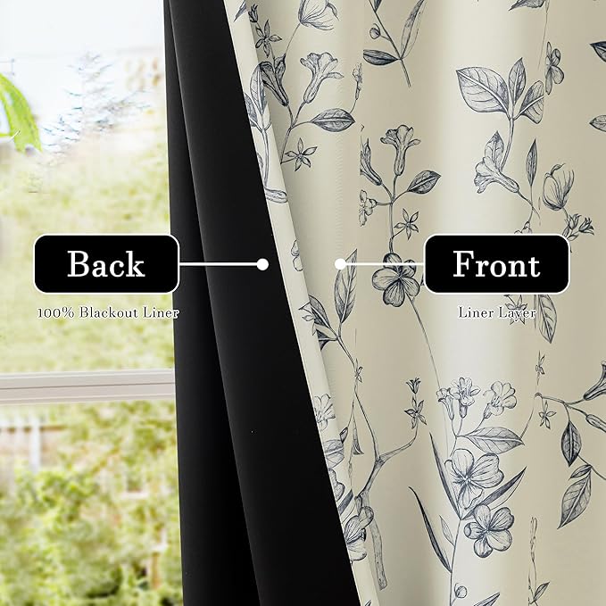 ChrisDowa Beige 100% Blackout Curtains 108 Inches Long 2 Panels for Bedroom Living Room Navy Blue Flower Patterned Room Darkening Thermal Insulated Soundproof Grommet Window Treatments Drapes,52X108