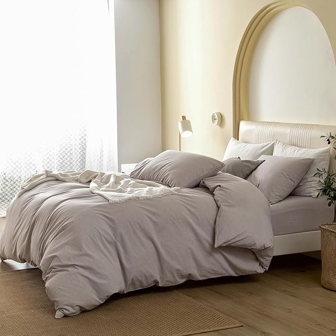 JIYUAN 100% Washed Cotton Duvet Cover Set 3 Pieces King, 1 Duvet Cover 104x90 Inches(Comforter Not Included) and 2 Pillowcases,Linen Feel Bedding Set Comfy and Breathable, Heathered Linen