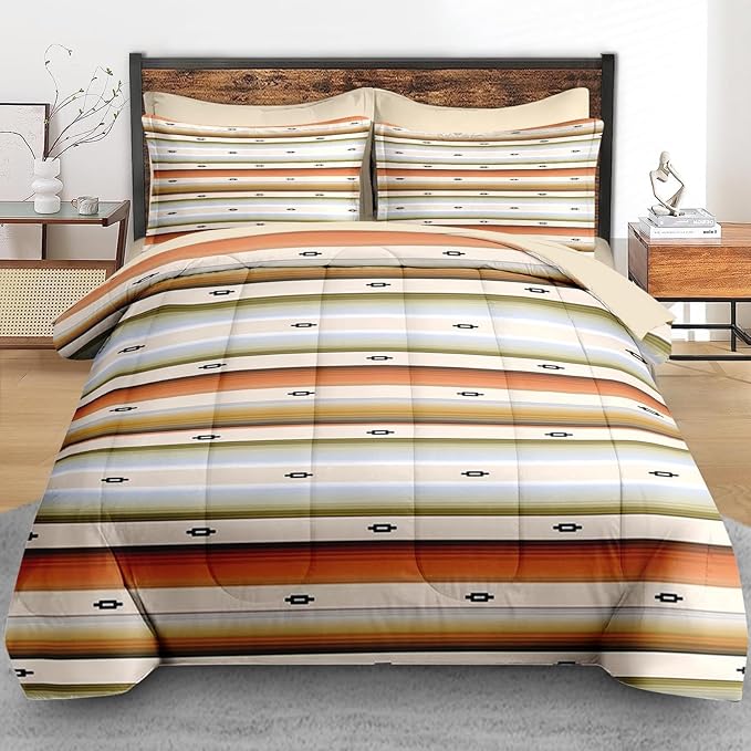 Comforter Set Full Size, Geometric Tribal Striped 7 Pcs Bedding for Kids and Adults, Boho Modern Colorful Bed Sheet Sets with Fitted Sheet 2 Pillowcase & 2 Sham for Bedroom Bed Decor