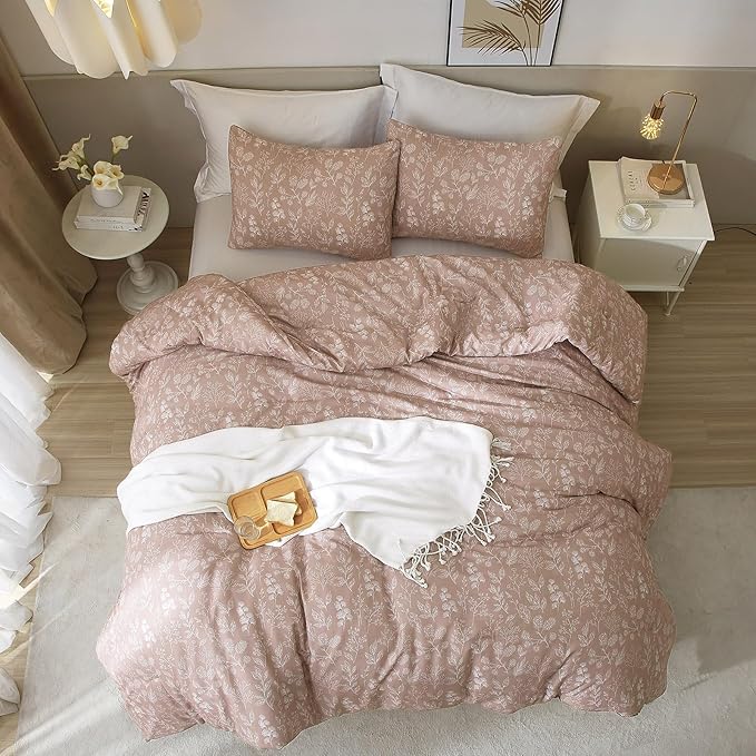 EAVD Fresh Dust Pink Floral Duvet Cover Twin Girls Soft Cotton Garden Flower Bedding Set with 2 Pillowcases Chic Vintage Botanical Floral Comforter Cover with Zipper Closure