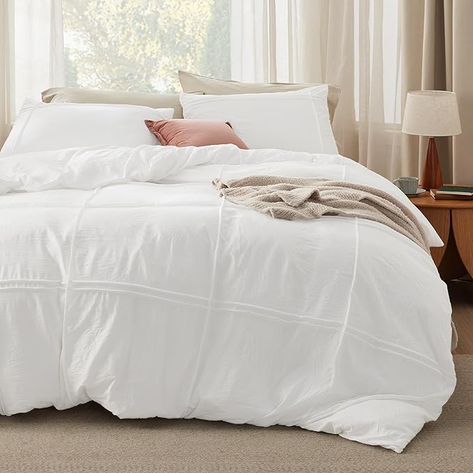 Bedsure Grid Boho Duvet Cover Twin Size - Shabby Chic Tufted Boho Bedding Set, 2 Pieces Shabby Chic Home Bedding for All Seasons, Includes 1 Twin Duvet Cover & 1 Pillowcase (White, 68" x 90")