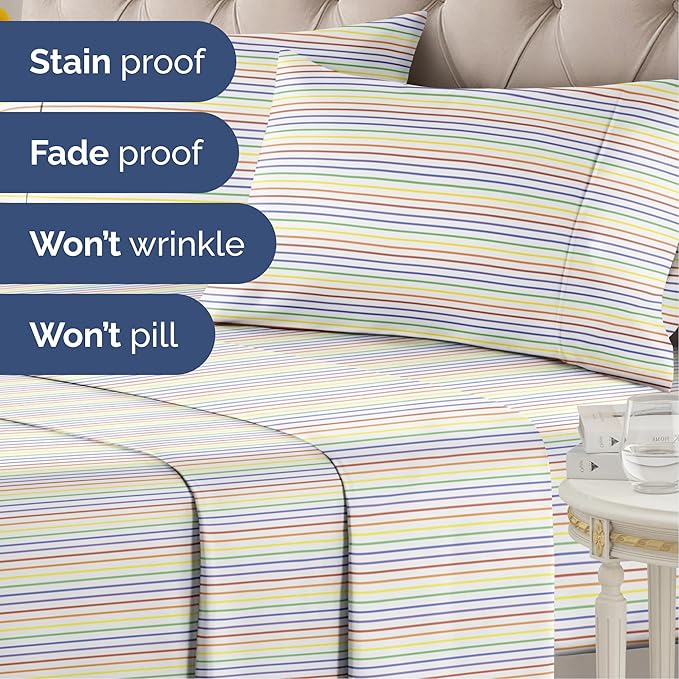 Rainbow Striped Sheet Set - Colorful Striped Bed Set - 1 Flat & 1 Fitted Sheet & 1 Pillowcase w/ Deep Pockets - Wrinkle & Fade Resistant - Soft, Breathable and Cooling - Rainbow Bedding - Twin Size