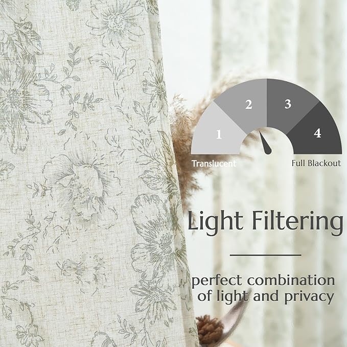 jinachan Linen Floral Curtains Extra Wide for Patio Sliding Glass Door Room Divider Curtain for Living Room Christmas Drapes 108 Inch Length Farmhouse Peony Green Printed Curtain Set 1 Panel