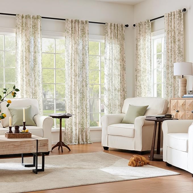 jinachan Linen Blend Floral Curtains for Living Room 90 Inch Length Christmas Sage Green Printed Curtain Rod Pocket Back Tab Farmhouse Peony Flower Patterned Drapes Bedroom Curtains Set 2 Panels