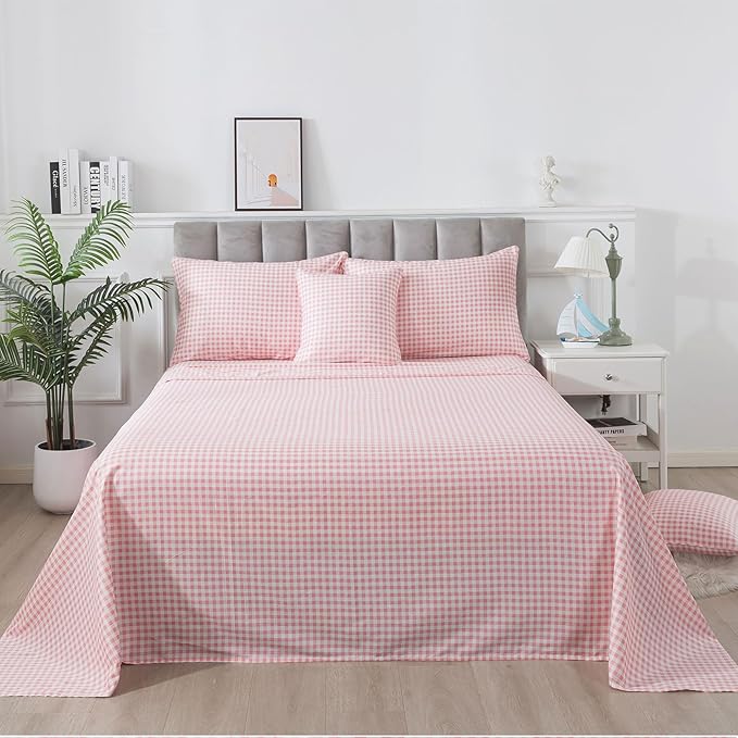 FADFAY Pink Plaid Queen Size Sheets 100% Cotton Geometric Checker Bedding Teens Grid White Gingham Pattern College Bedding Deep Pocket Sheets with 2 Pillowcases Ultra Soft 4pcs, Queen Size