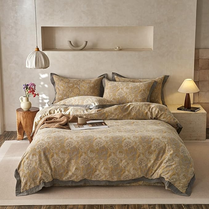 EAVD Vintage Style Yellow Floral Duvet Cover Queen Soft 100% Muslin Cotton Yarn-Dyed Jacquard Textured Bedding Set with 2 Pillowcases Linen Like Gauze Botanical Duvet Cover with Zipper Closure