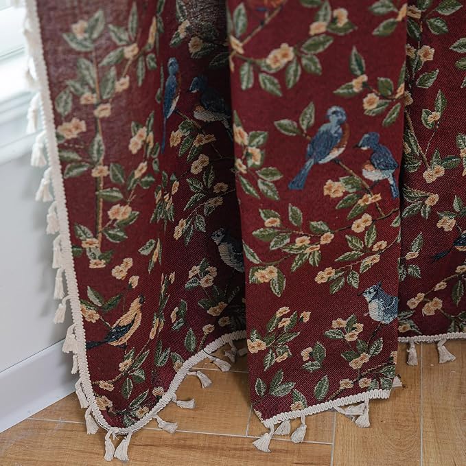 ENJOYBRIDAL Floral 63 Inch Curtains for Living Room Maroon Drapes Bird Pattern Jacquard Short Window Curtain Panels Rod Pocket Bedroom Farmhouse Boho Tassel Semi Blackout 2 Panels Window Treatments
