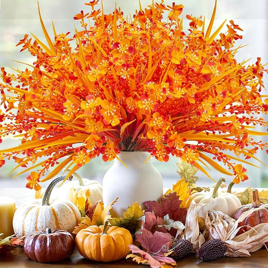 12 Bundles Artificial Fall Flowers for Outdoors Fake Plants UV Resistant Plastic Plants Shrubs Bushes for Home Fall Front Door Porch Garden Autumn Decor (Fall Orange)