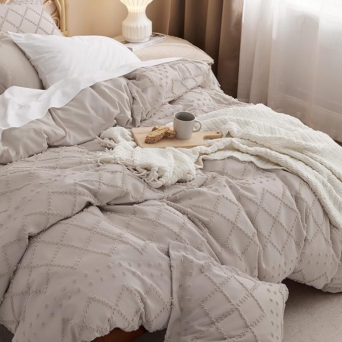 Bedsure Boho Duvet Cover Queen Size - Linen Breathable & Soft Boho Bedding, Machine Washable Comforter Cover for All Seasons, Includes 1 Duvet Cover 90"x90" with 2 Pillow Shams & Zipper Closure