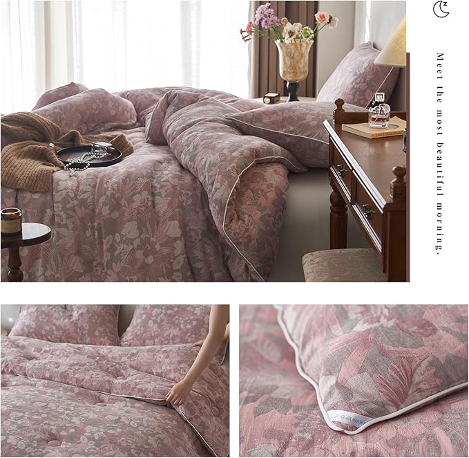 HighBuy Pink Floral Comforter Set Queen Boho Chic Muslin Cotton Bedding Comforter Sets Lightweight Soft & Warm Bed Comforter Queen with 2 Pillowcases for All Season