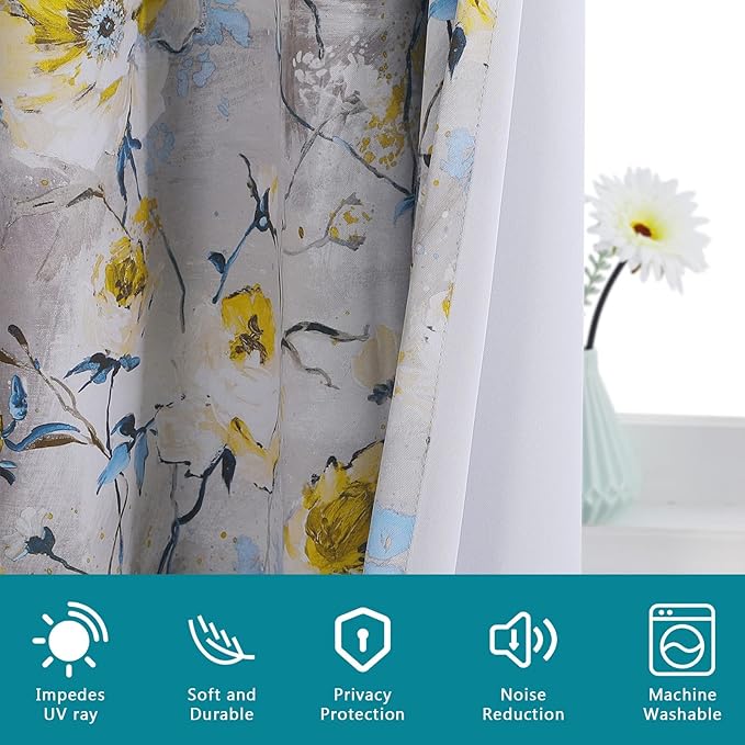 MYSKY HOME Floral Curtains 54 Inch Length for Living Room Bedroom, Bathroom Thermal Insulated Room Darkening Curtain Grommet Vintage Floral Curtains Decorative Curtains,2 Panels
