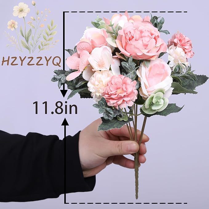 4 Pack Artificial Peony Flowers, Silk Peonies Flowers Fake Peonies Artificial Flowers Peonies Hydrangea Bouquet for Centerpiece Table Wedding Party Home Decor (Pink + White)