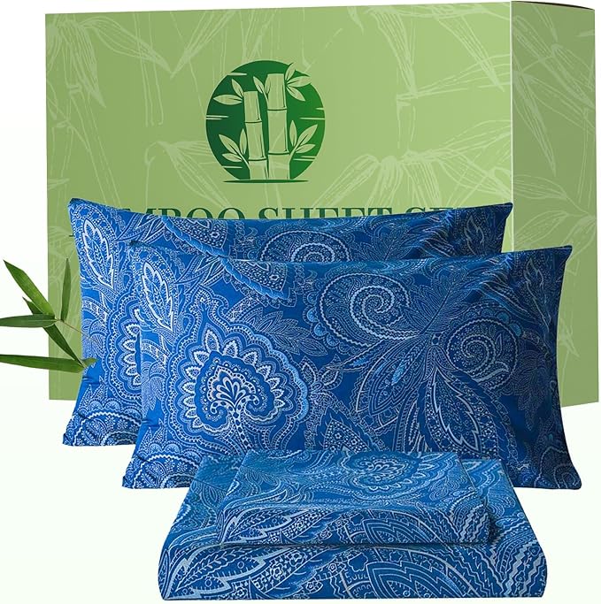 Bedlifes Twin Floral 3-Piece Sheet Set - Cooling Sheets Blend Rayon Derived from Bamboo,Soft & Breathable, Deep Pocket 16", Wrinkle Resistant - Paisley Dark Navy Blue