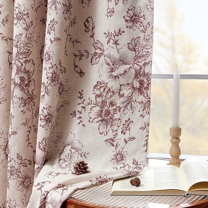 jinchan Blackout Floral Curtains Linen Blend Curtain for Living Room 63 Inch Length Christmas Brick Red Flower Printed Drapes for Bedroom Rod Pocket Back Tab Farmhouse Curtains Set 2 Panels