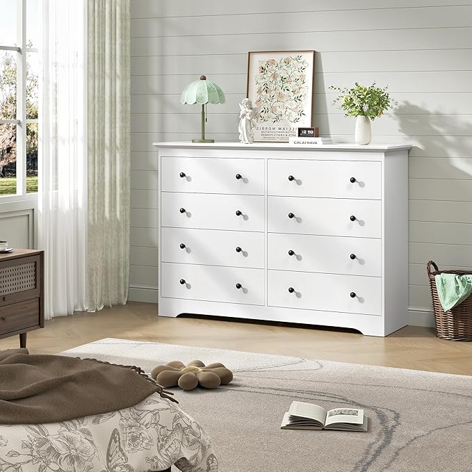 White Dresser for Bedroom，55" Wide 8 Drawers Dressers,Modern Wooden Chest for Living Room, Hallway