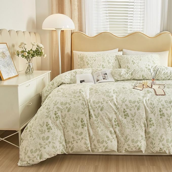 EAVD Reversible Botanical Floral Duvet Cover Queen Soft Cotton Chic Shabby Garden Green Floral Bedding Set with 2 Pillowcases Fresh Vintage Style Green Floral Comforter Cover with Zipper Closure