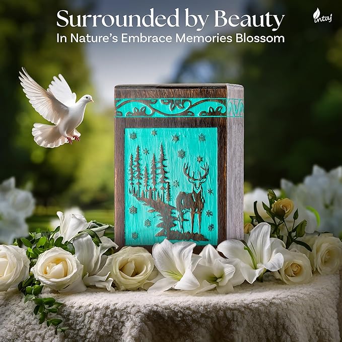 INTAJ Handcarved Rosewood Teal Green Deer Urn for Human Ashes Adult Male Female - 250 lbs Forest Wooden Cremation Urn Box Suitable for Burial Funeral Decorative Wildlife Memorial Casket