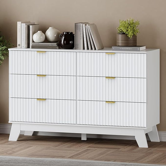 Fluted 6 Drawer Dresser, 47.2" Wide Modern Boho Chest of Drawers, Wooden Storage Dresser TV Stand for Bedroom, Living Room, Closet, Hallway, Curved Profile Design