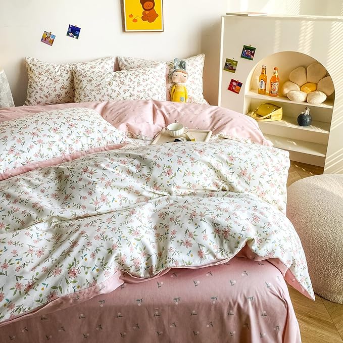HIGHBUY Soft Cotton White Duvet Cover Queen with Pink Floral Print,Garden Style Botanical Comforter Zipper Closure,Cottagecore Set -1 Cover,2 Pillowcases, Queen(90''x90''), (HB03641Q)
