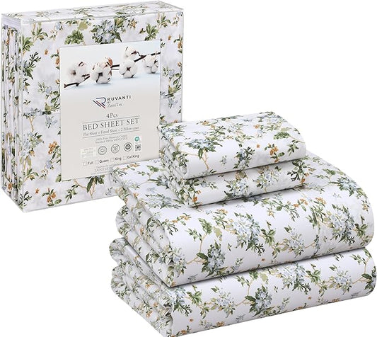 RUVANTI 100% Cotton California King Sheet Sets, 4 Pieces, Soft & Breathable Percale Weave Bedding, Deep Pocket 14", Hotel Standard, Crisp Cool Feel & Durable, Perfect Floral Sheets, Heritage