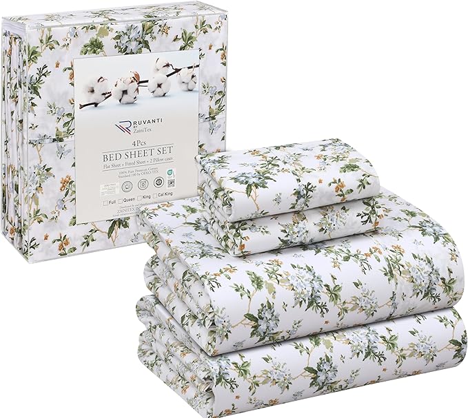 RUVANTI 100% Cotton King Size Sheets Set, 4 Pieces, Soft & Breathable Percale Weave Bedding, Deep Pocket 16", Hotel Standard, Crisp Cool Feel, Durable, Perfect Floral Bed Sheet, Heritage