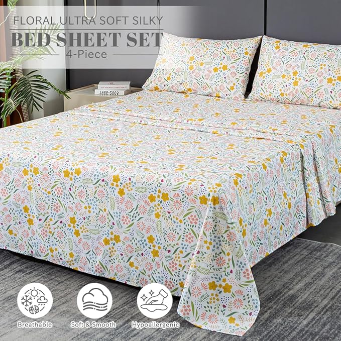 Bedlifes Twin Sheet Set Ultra Soft, Breathable, Silky Flower Deep Pocket 100% Microfiber Bedding, 3 Piece Twin Size Floral