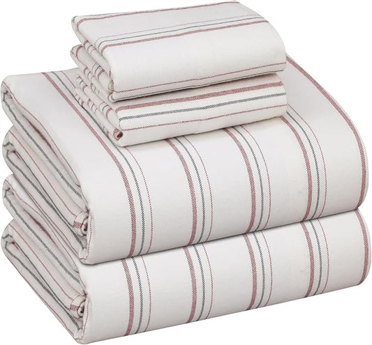 RUVANTI Flannel Sheets Full Size - 100% Cotton Double Brushed Bed Sheets Set, Deep Pockets 16 Inches, All Seasons Breathable & Extra Soft Full Sheets, Warm & Cozy, 4 Piece, Twill Stripe