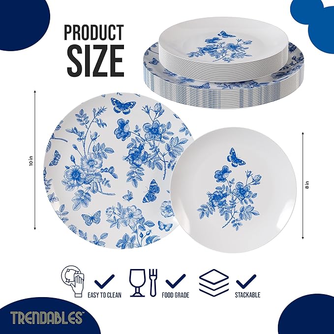 Trendables Plastic Plates For Party Supplies, Floral Disposable Plates For Party & Weddings 80 Pcs - 40 x 8 Dessert Plates & 40 x 10 Plastic Dinner Plates, Plate Set Disposable Dinnerware Sets