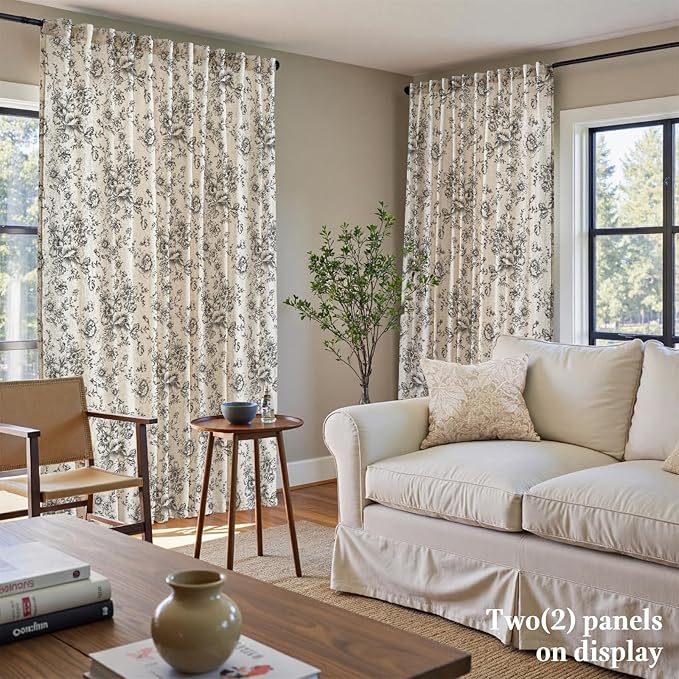 jinchan Linen Floral Curtains Extra Wide for Patio Sliding Glass Door Room Divider Curtain for Living Room 108 Inch Length Farmhouse Peony Black Printed Curtain Set 1 Panel